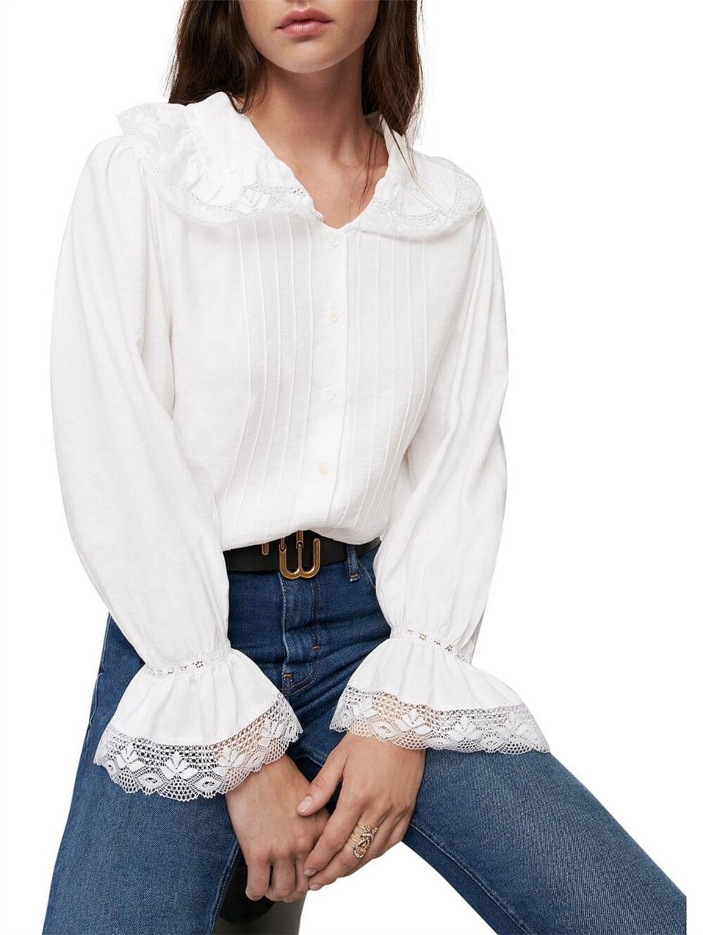 Maje Coraline White Lace-Trim Button Blouse Fr Sz 3